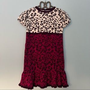 Hartstrings Girls Animal Print Short Sleeve Sweater Dress with Ruffle Bottom